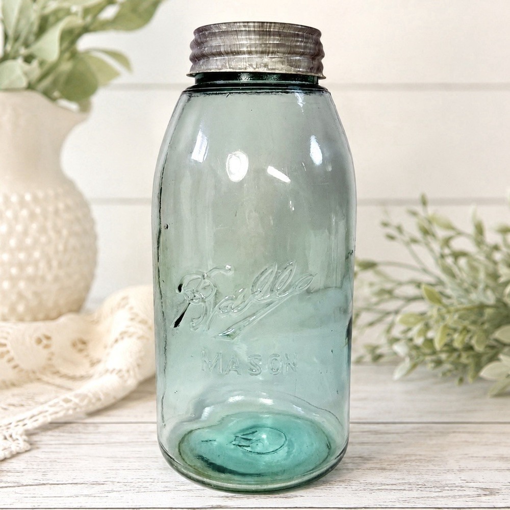 Antique 1896-1910 Ball Triple L Mason Jar Half Gallon Aqua Glass Zinc Lid
